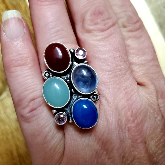 New Oversized Chalcedony, Iolite, Carnelian, Amethyst 925 Silver Ring. - Picture 9 of 12